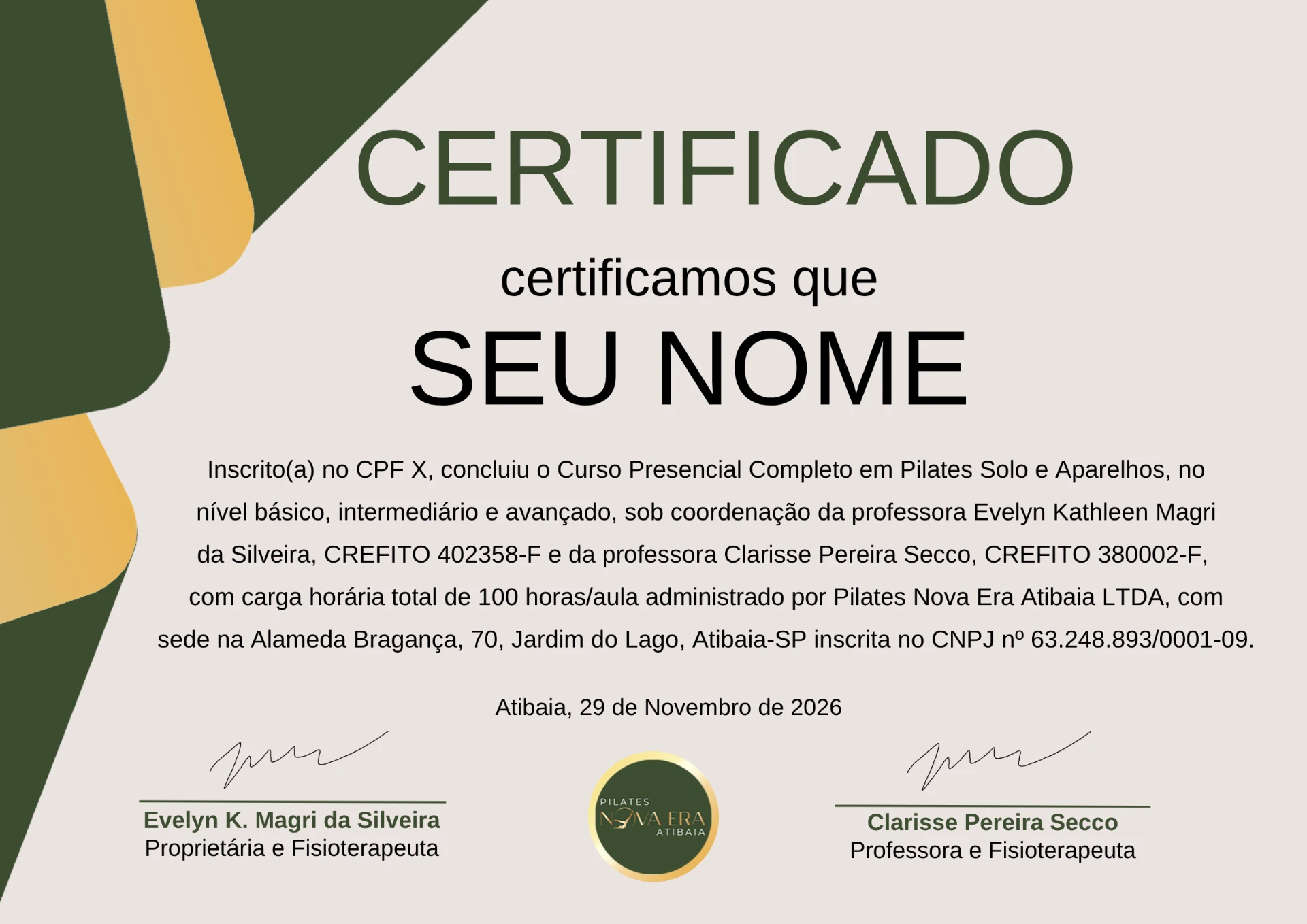 Mockup do certificado do Curso Presencial de Pilates Pilates Nova Era
